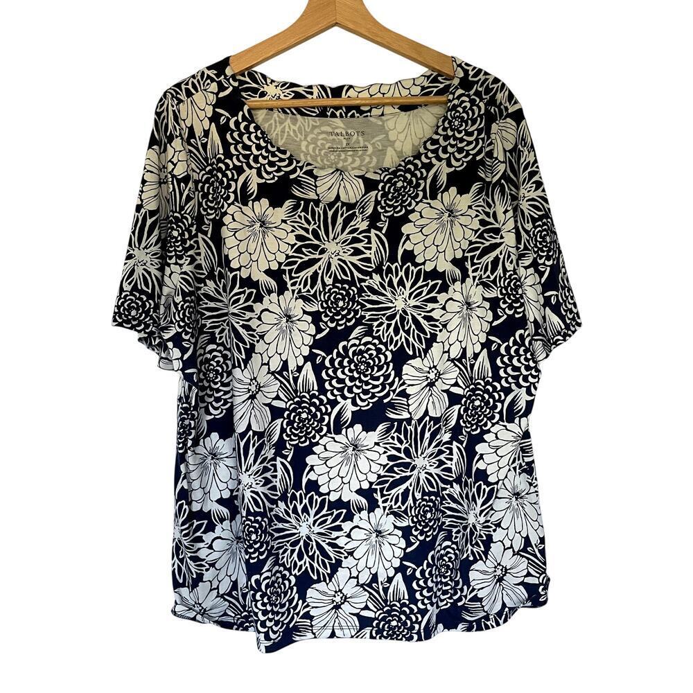 Talbots navy white floral short sleeved shirt pima cotton blouse women's size 2X